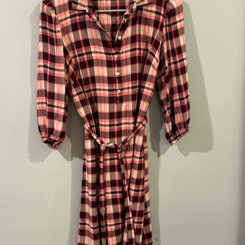 LOFT Outlet Plaid Shirt Dress Small Tie Waist Burgundy Pink